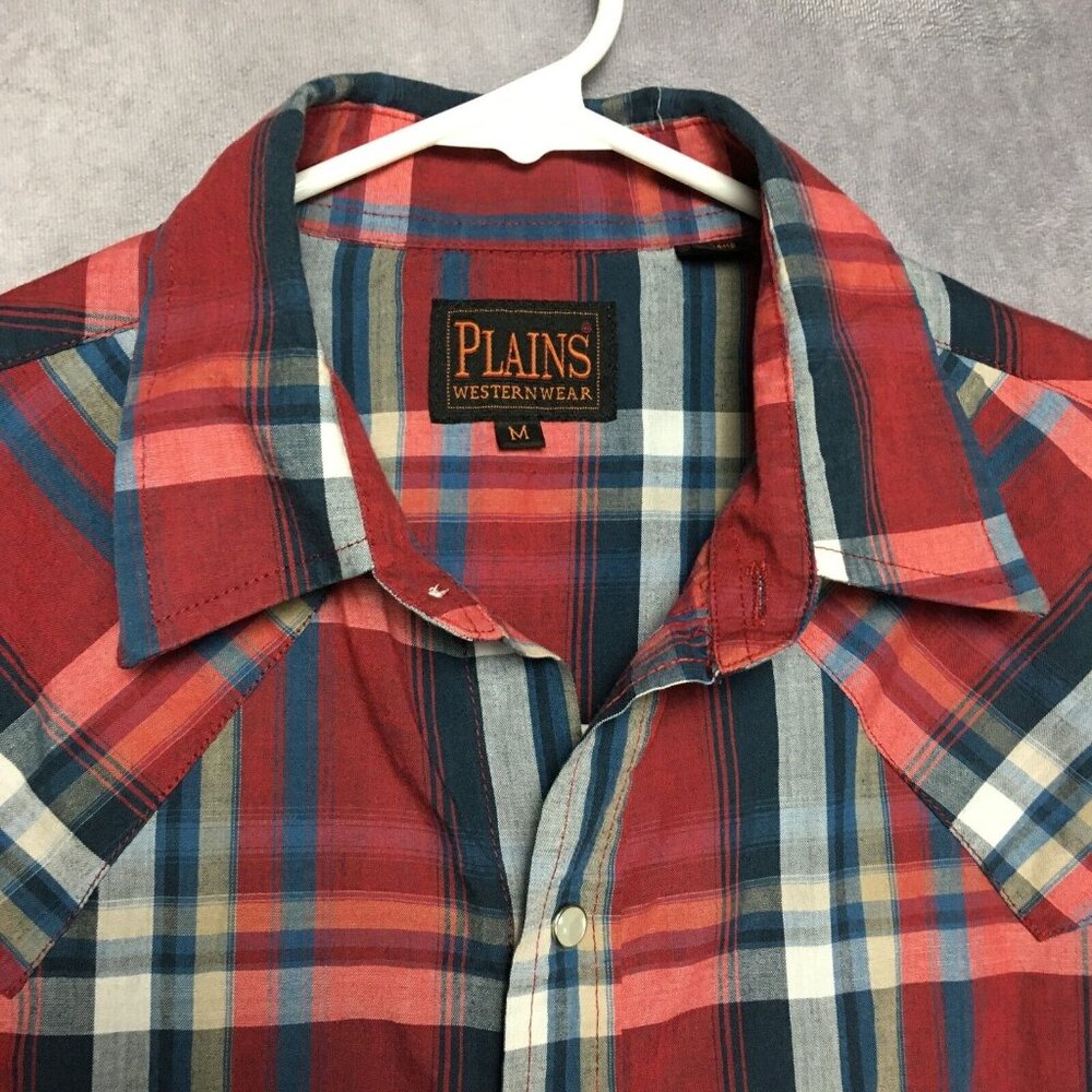 Plains Western‎ Wear Mens Pearl Snap Shirt size Medium Short Sleeve Red Blue - Picture 4 of 13